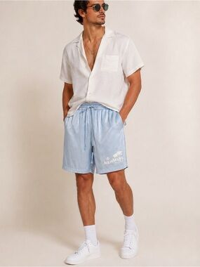 NAHMIAS Men’s Silk Blue Shorts Miami Beach Graphic Sz L USA Made Luxury Designer